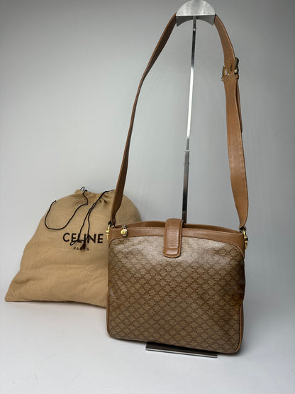Vintage Celine Paris Triomphe Monogram Shoulder / Crossbody Bucket Bag Gold Brown