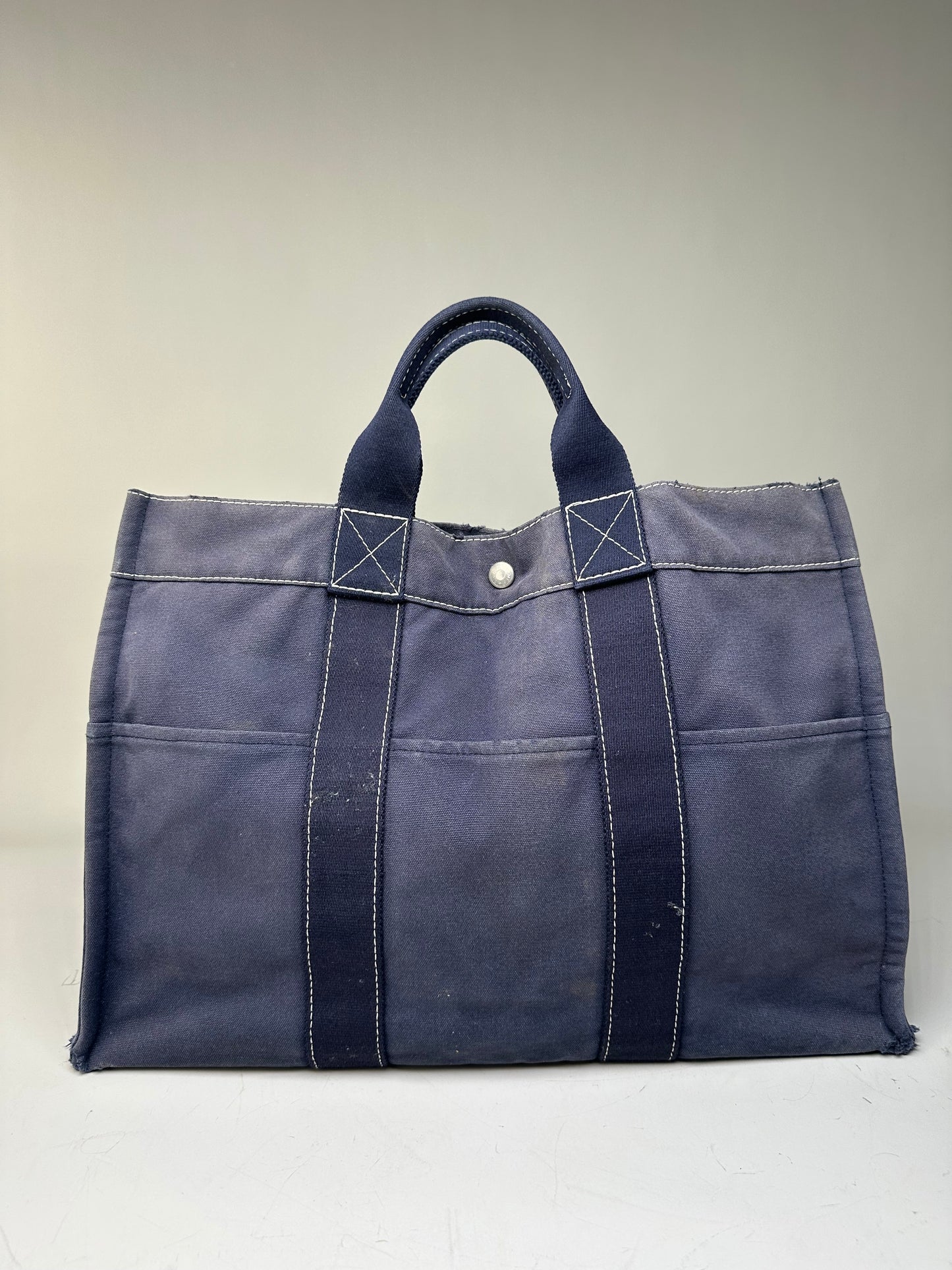 Vintage Hermes Canvas Tote Navy Silver
