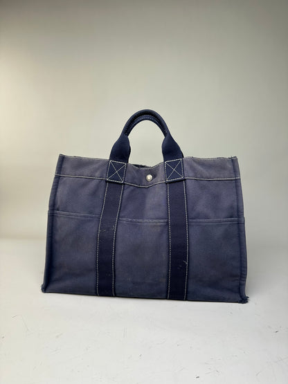 Vintage Hermes Canvas Tote Navy Silver