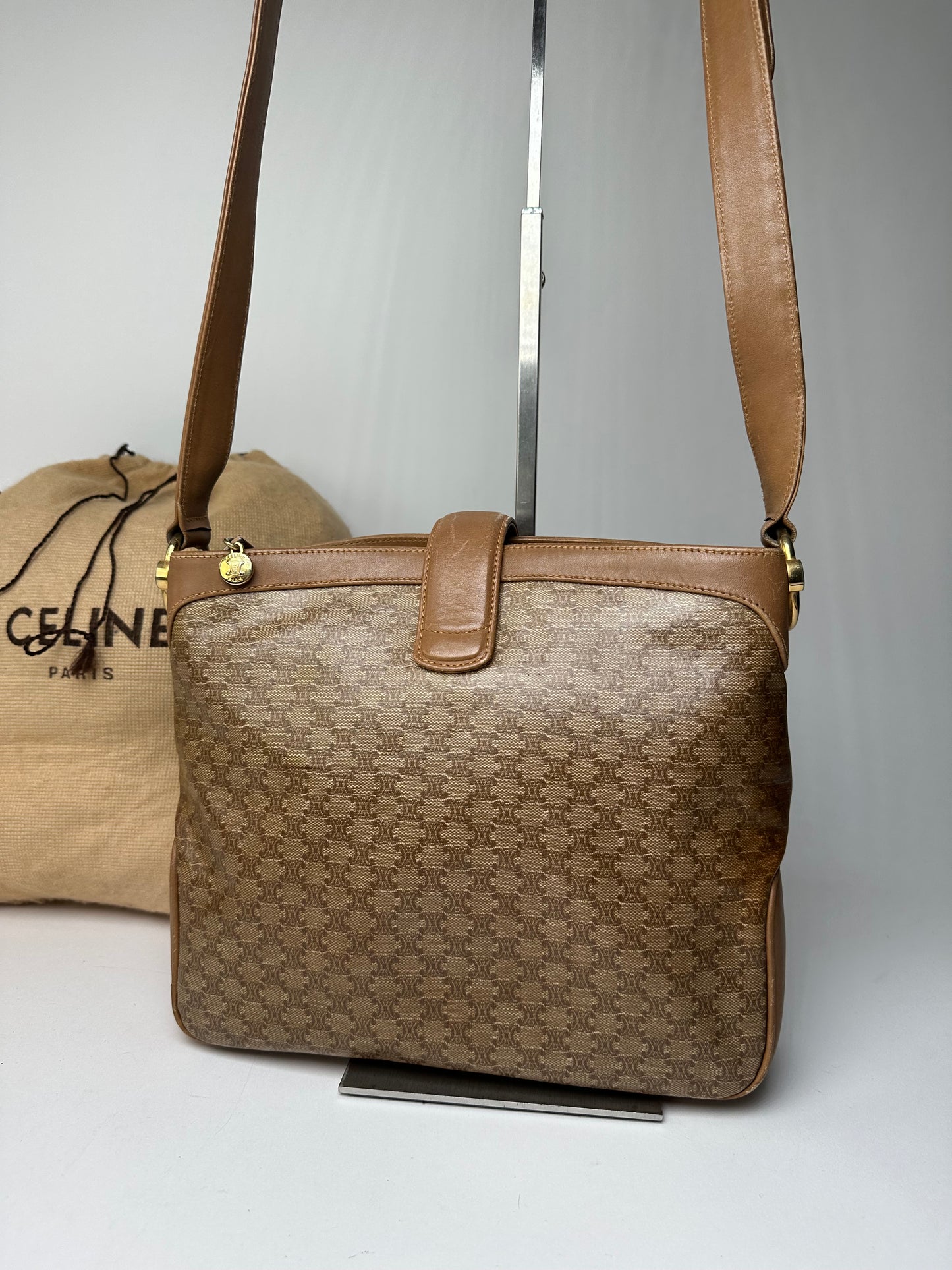 Vintage Celine Paris Triomphe Monogram Shoulder / Crossbody Bucket Bag Gold Brown