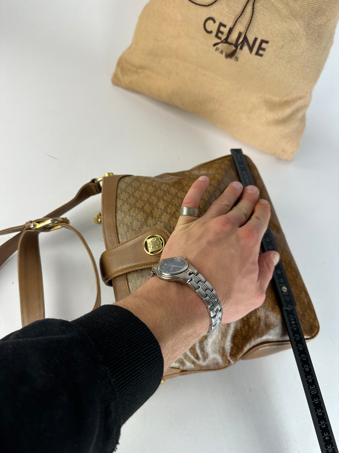 Vintage Celine Paris Triomphe Monogram Shoulder / Crossbody Bucket Bag Gold Brown