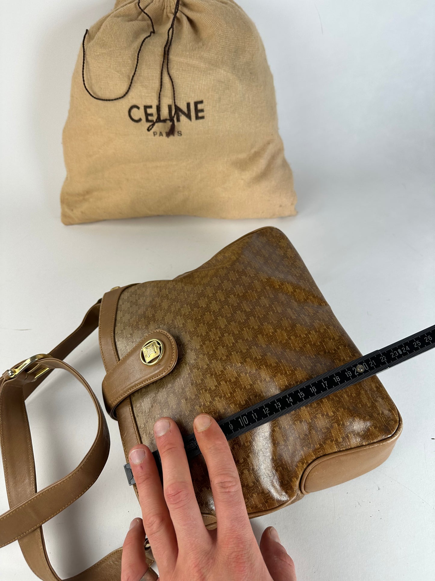 Vintage Celine Paris Triomphe Monogram Shoulder / Crossbody Bucket Bag Gold Brown