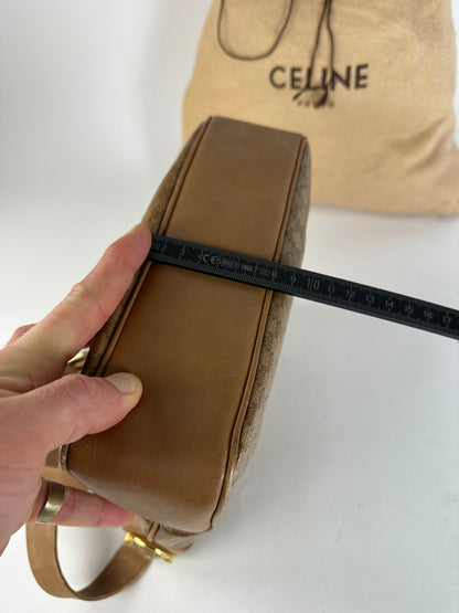 Vintage Celine Paris Triomphe Monogram Shoulder / Crossbody Bucket Bag Gold Brown