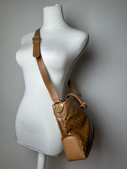 Vintage Celine Paris Triomphe Monogram Shoulder / Crossbody Bucket Bag Gold Brown