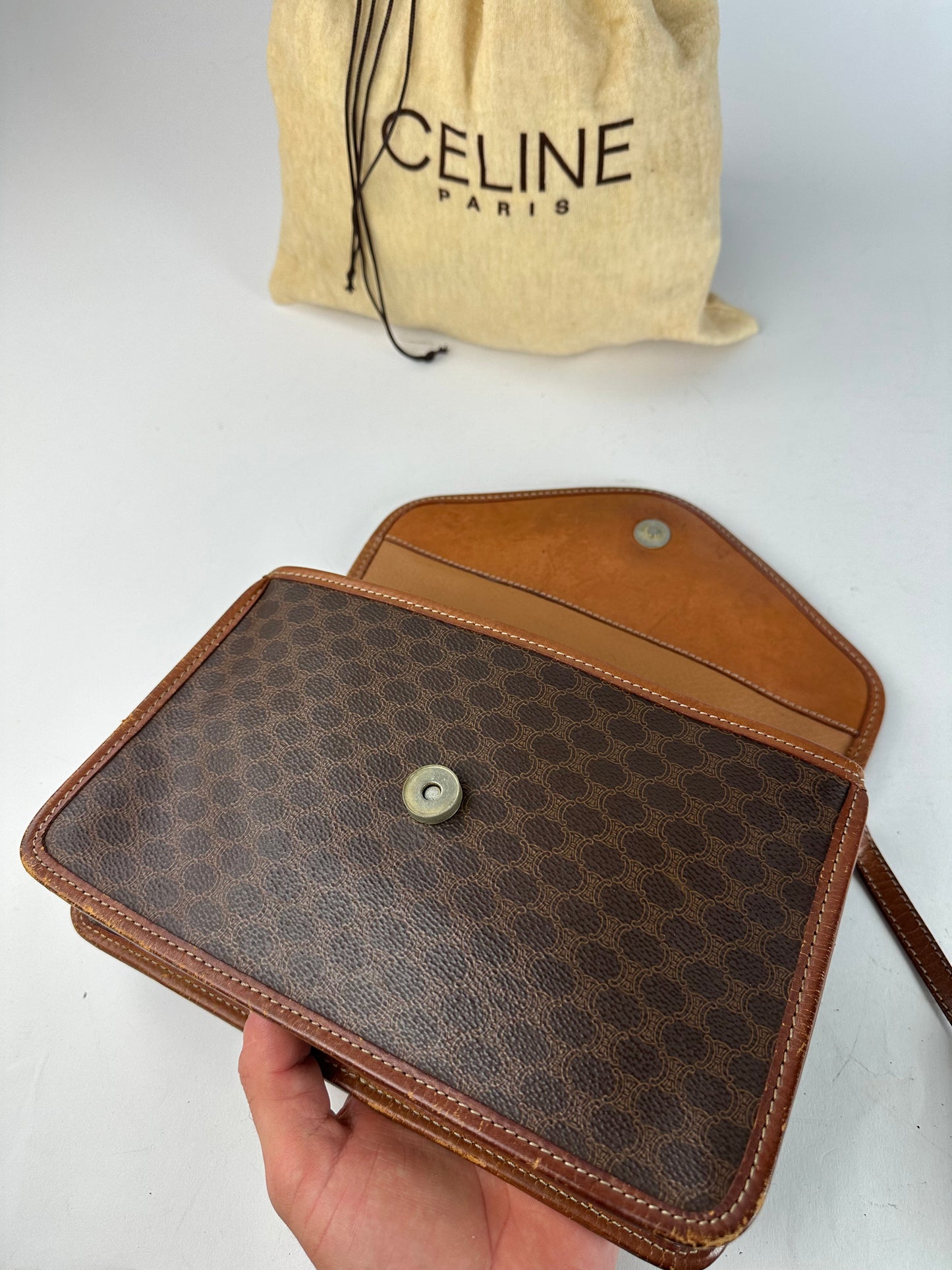 Vintage Crline Paris Triomphe Monogram Leather Shoulder / Crossbody Bag Brown
