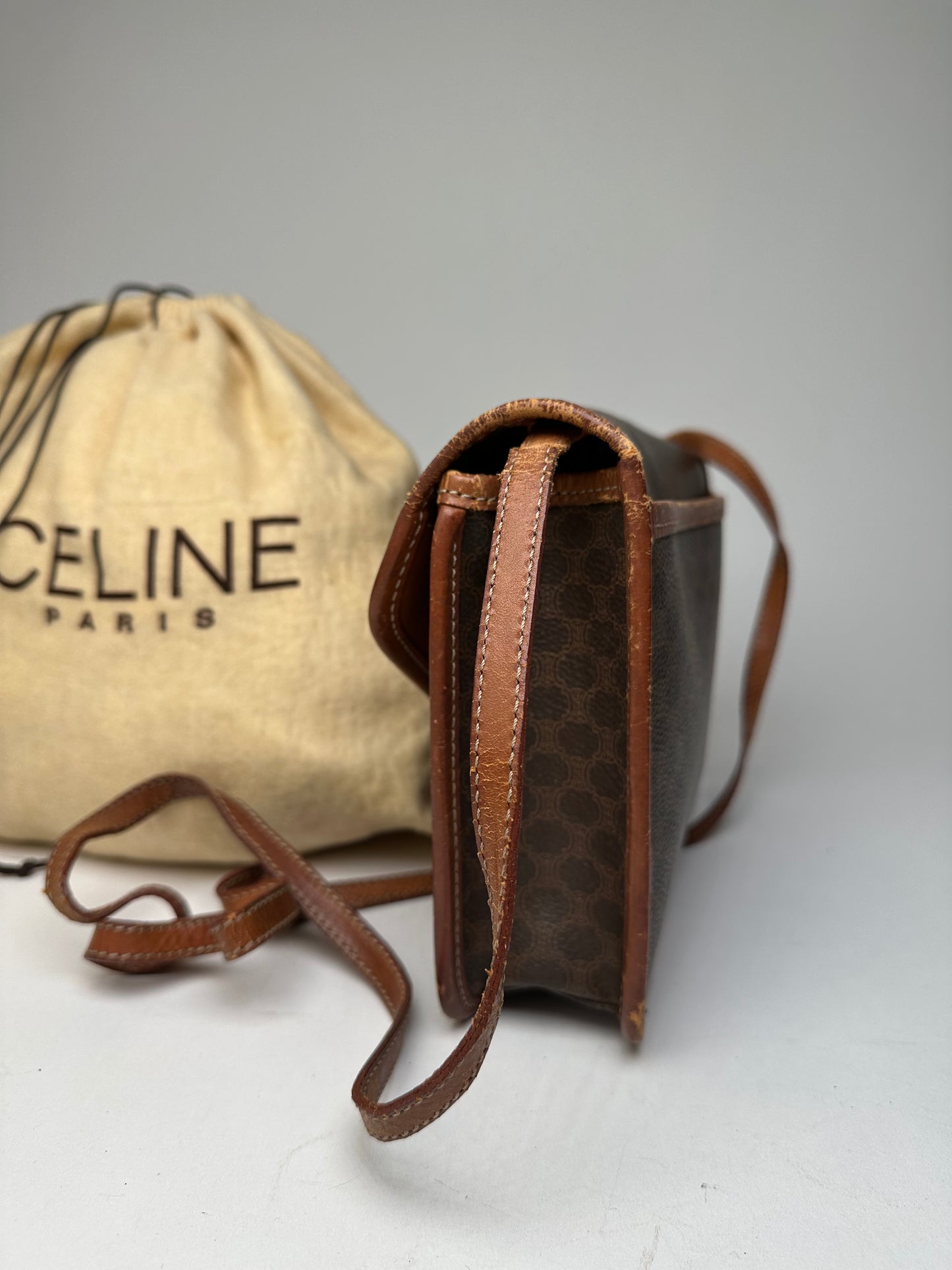 Vintage Crline Paris Triomphe Monogram Leather Shoulder / Crossbody Bag Brown