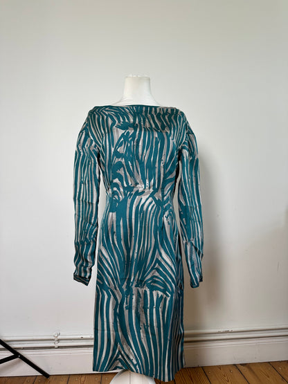 Vintage Loewe Silk Striped Dress Teal Silver M