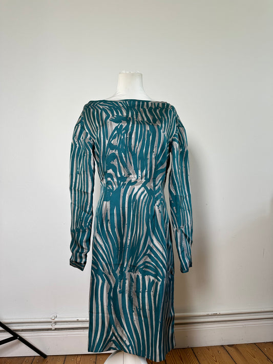Vintage Loewe Silk Striped Dress Teal Silver M