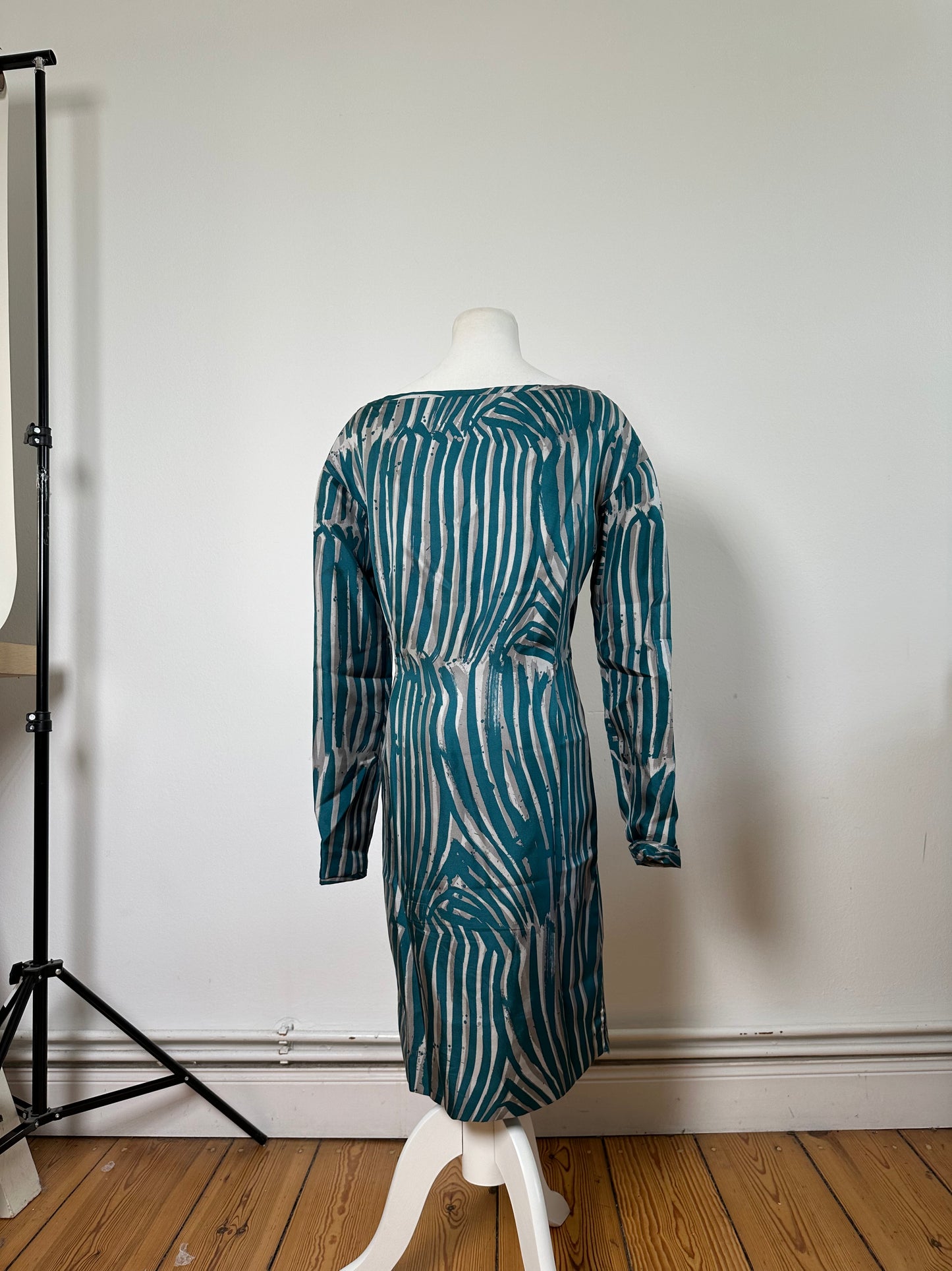 Vintage Loewe Silk Striped Dress Teal Silver M