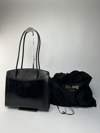 Vintage Celine Paris Leather Shoulder Tote Black