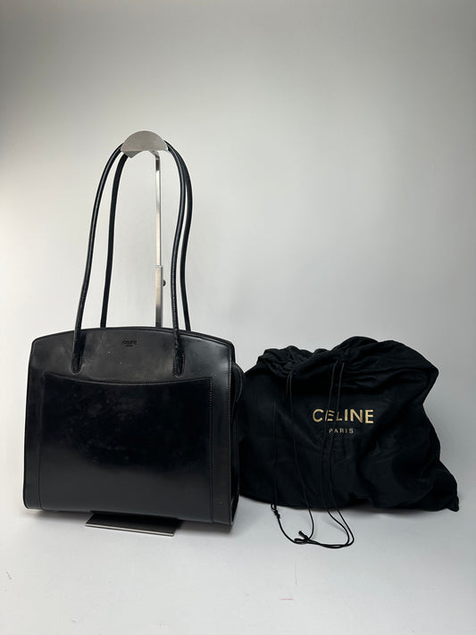 Vintage Celine Paris Leather Shoulder Tote Black