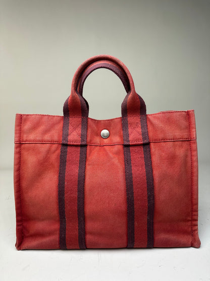 Vintage Hermès Cotton Canvas Tote Bag Red Burgundy