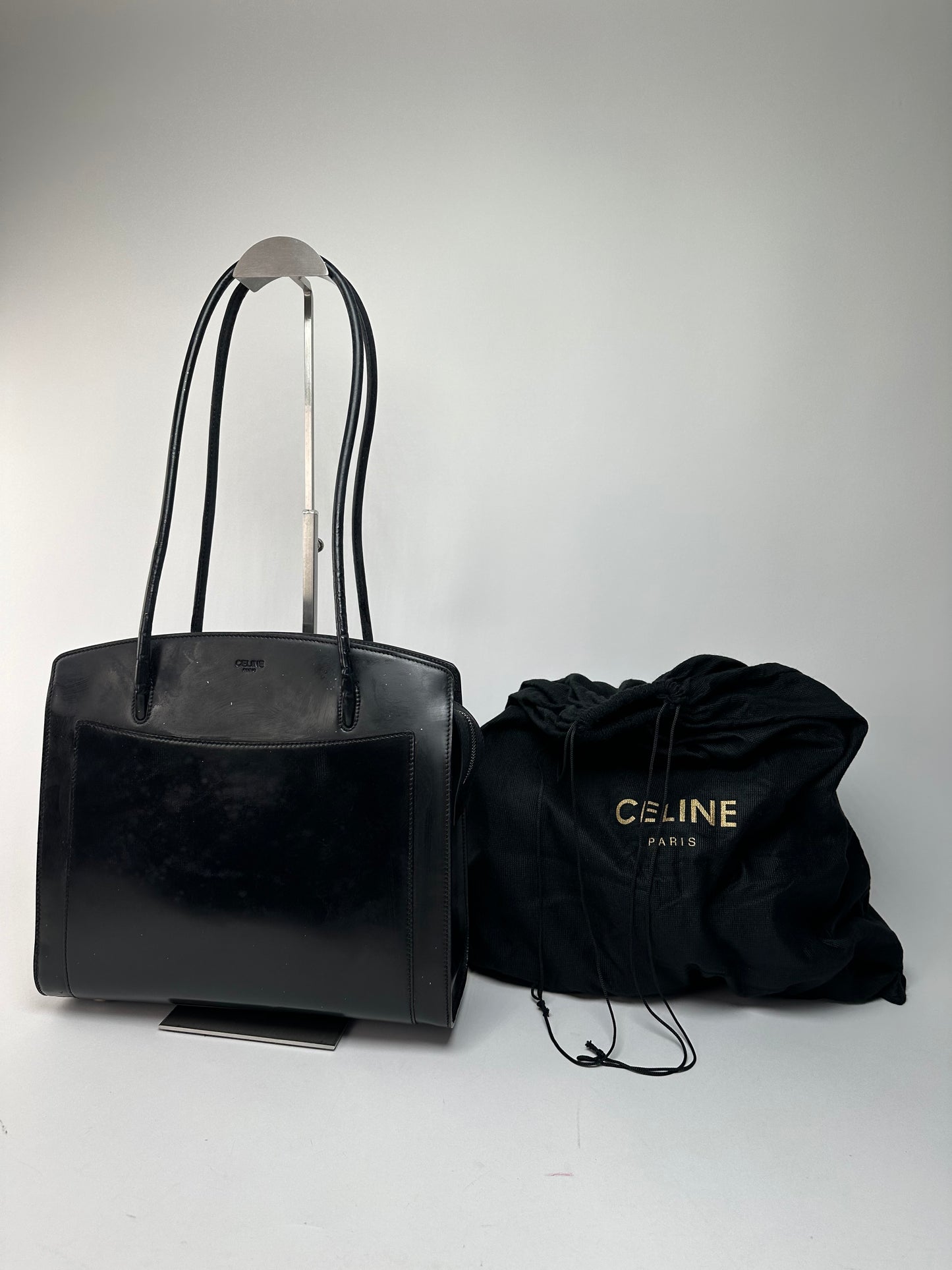Vintage Celine Paris Leather Shoulder Tote Black