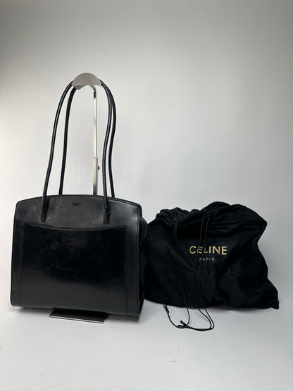 Vintage Celine Paris Leather Shoulder Tote Black