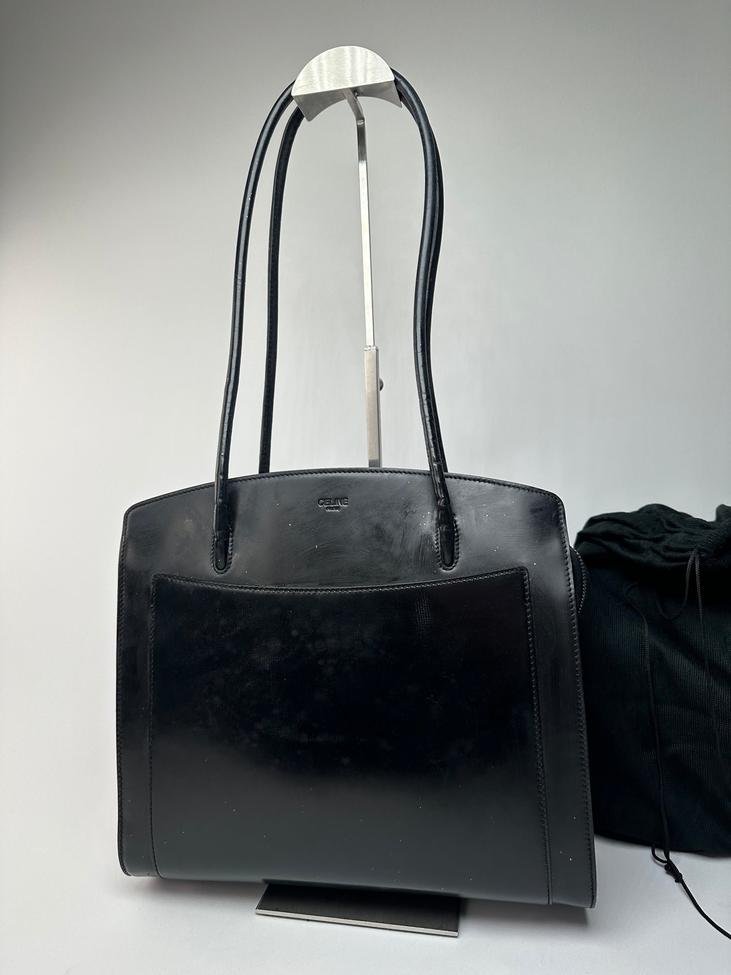 Vintage Celine Paris Leather Shoulder Tote Black