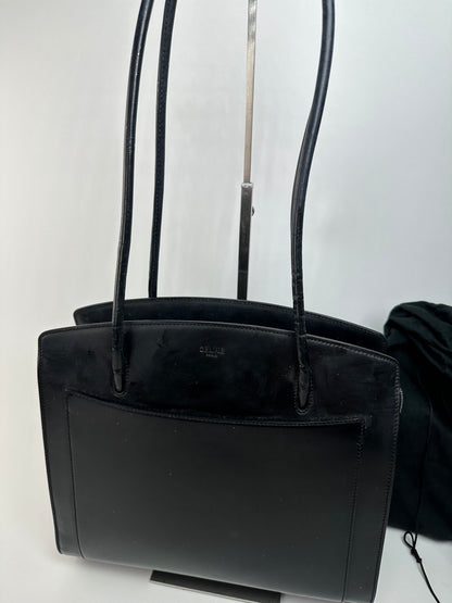 Vintage Celine Paris Leather Shoulder Tote Black