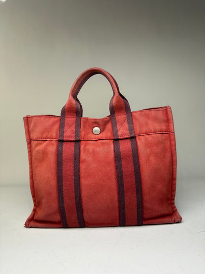 Vintage Hermès Cotton Canvas Tote Bag Red Burgundy