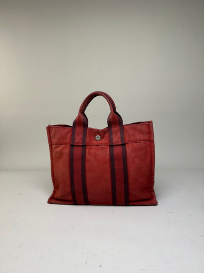 Vintage Hermès Cotton Canvas Tote Bag Red Burgundy