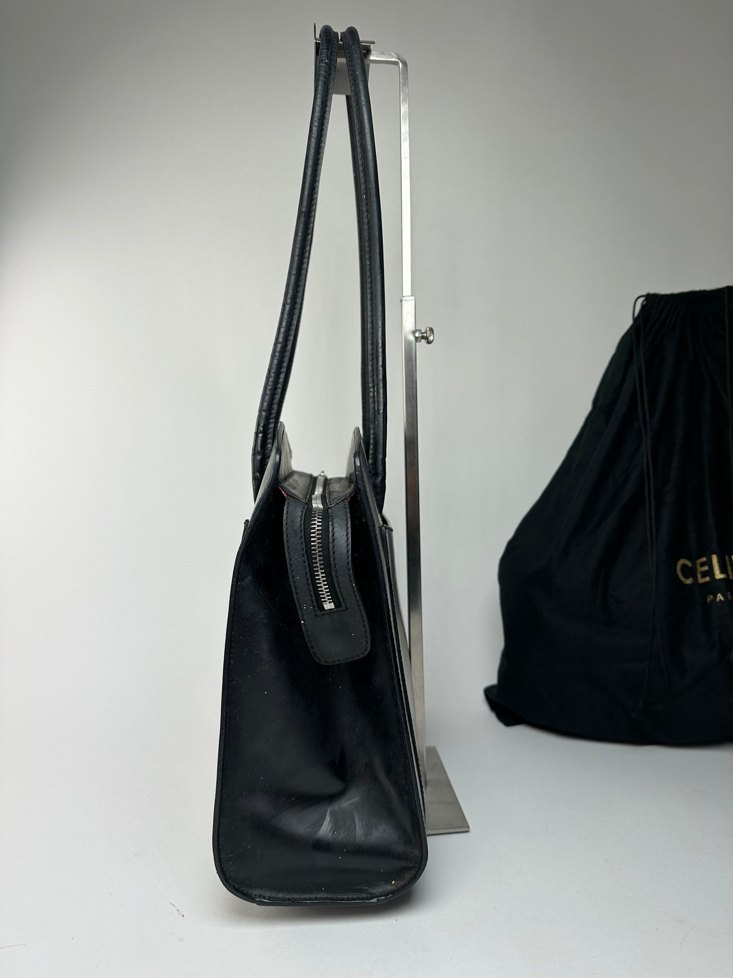 Vintage Celine Paris Leather Shoulder Tote Black