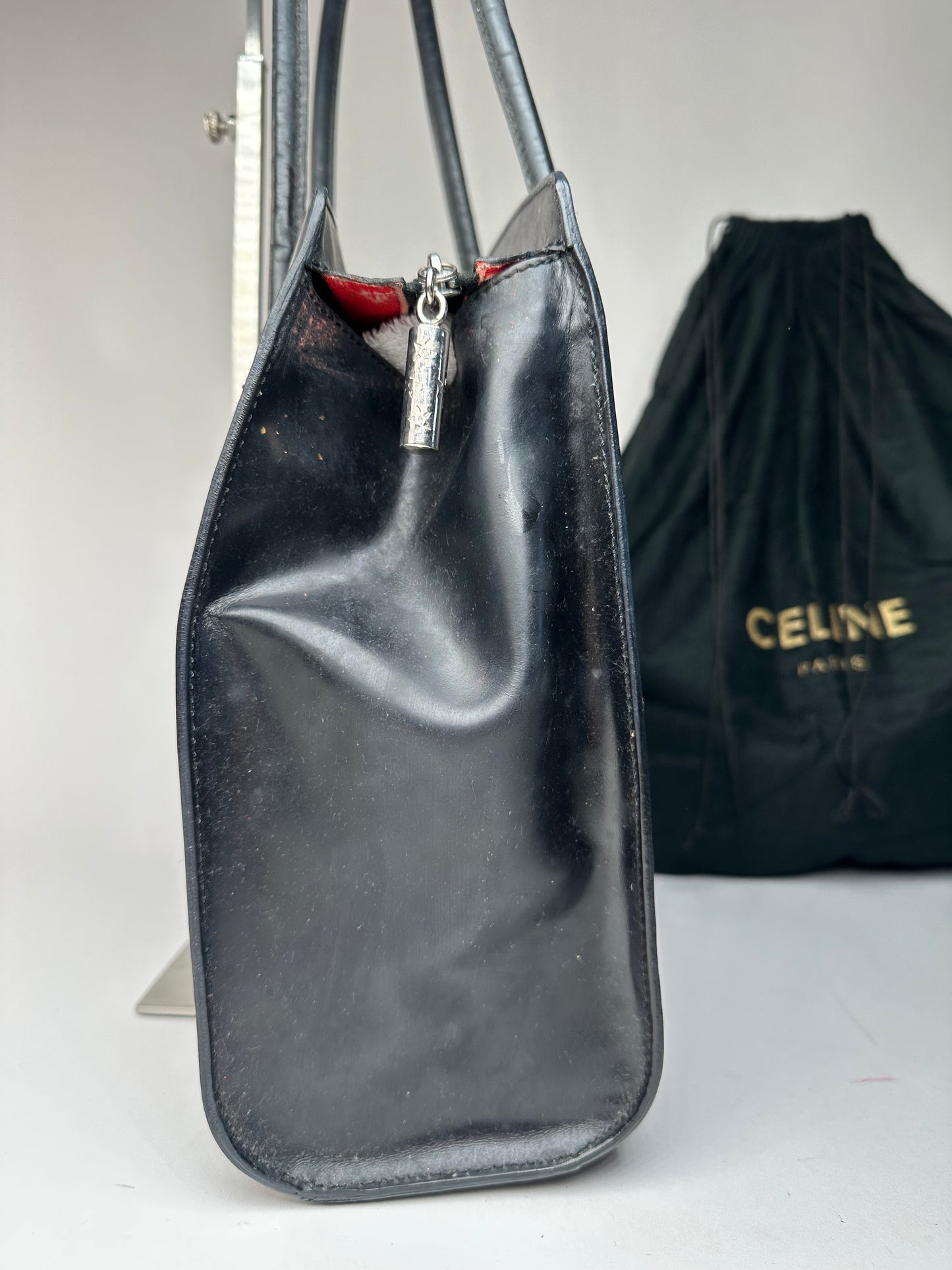 Vintage Celine Paris Leather Shoulder Tote Black
