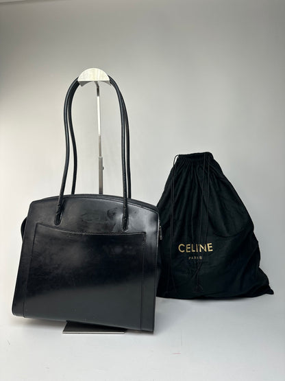 Vintage Celine Paris Leather Shoulder Tote Black
