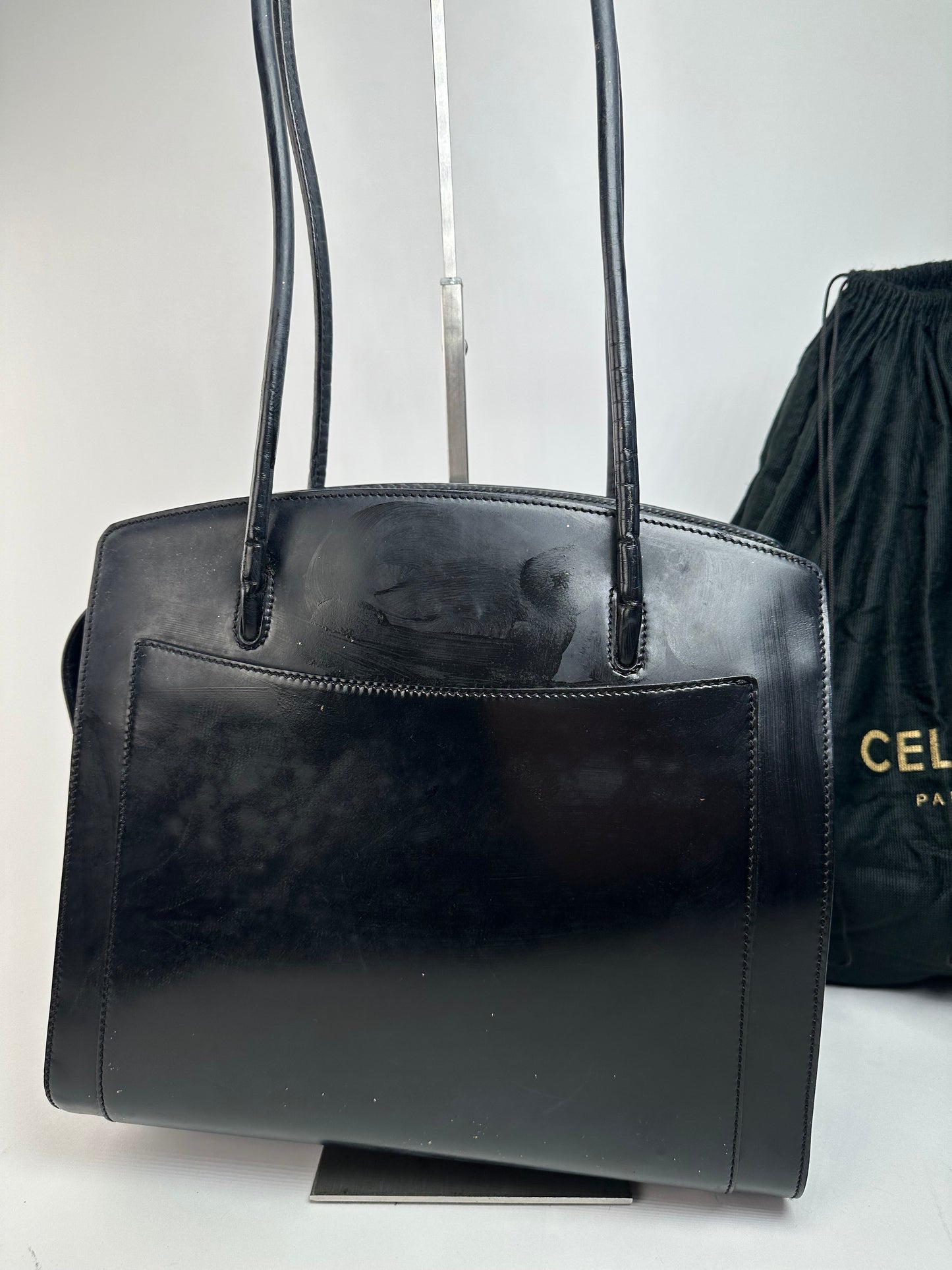 Vintage Celine Paris Leather Shoulder Tote Black