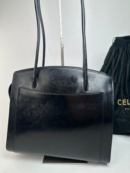 Vintage Celine Paris Leather Shoulder Tote Black