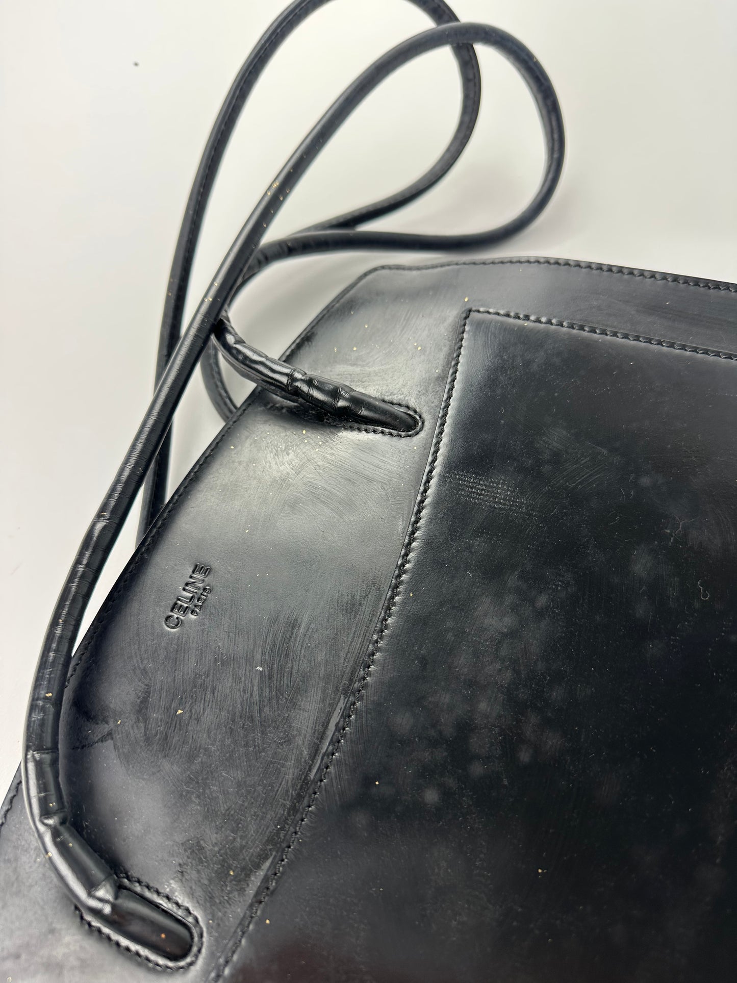Vintage Celine Paris Leather Shoulder Tote Black