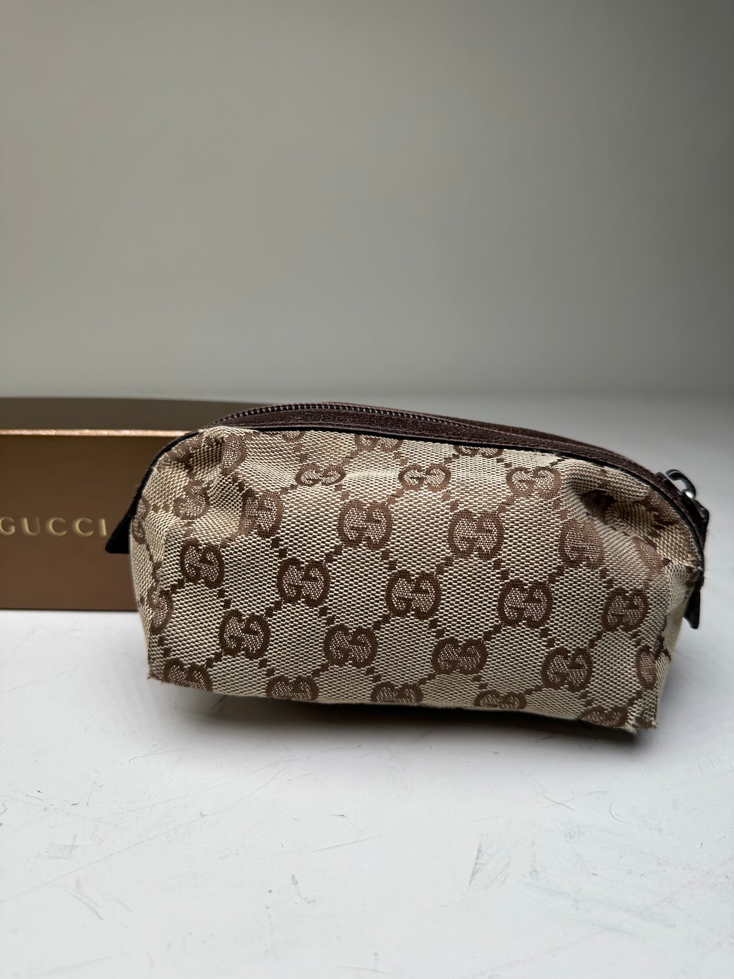 Vintage Gucci GG Monogram Coated Canvas Cosmetic Pouch Beige Brown
