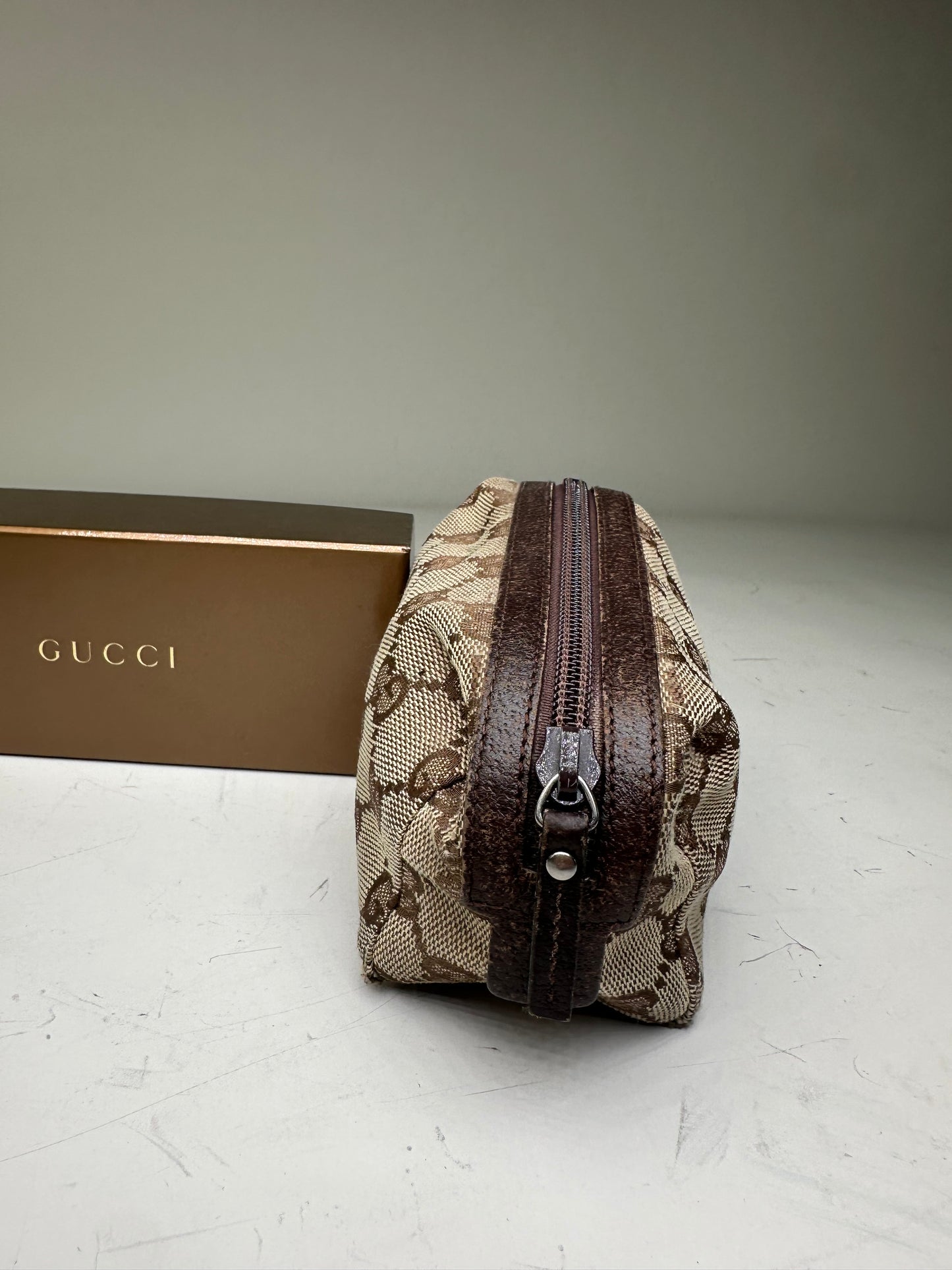 Vintage Gucci GG Monogram Coated Canvas Cosmetic Pouch Beige Brown