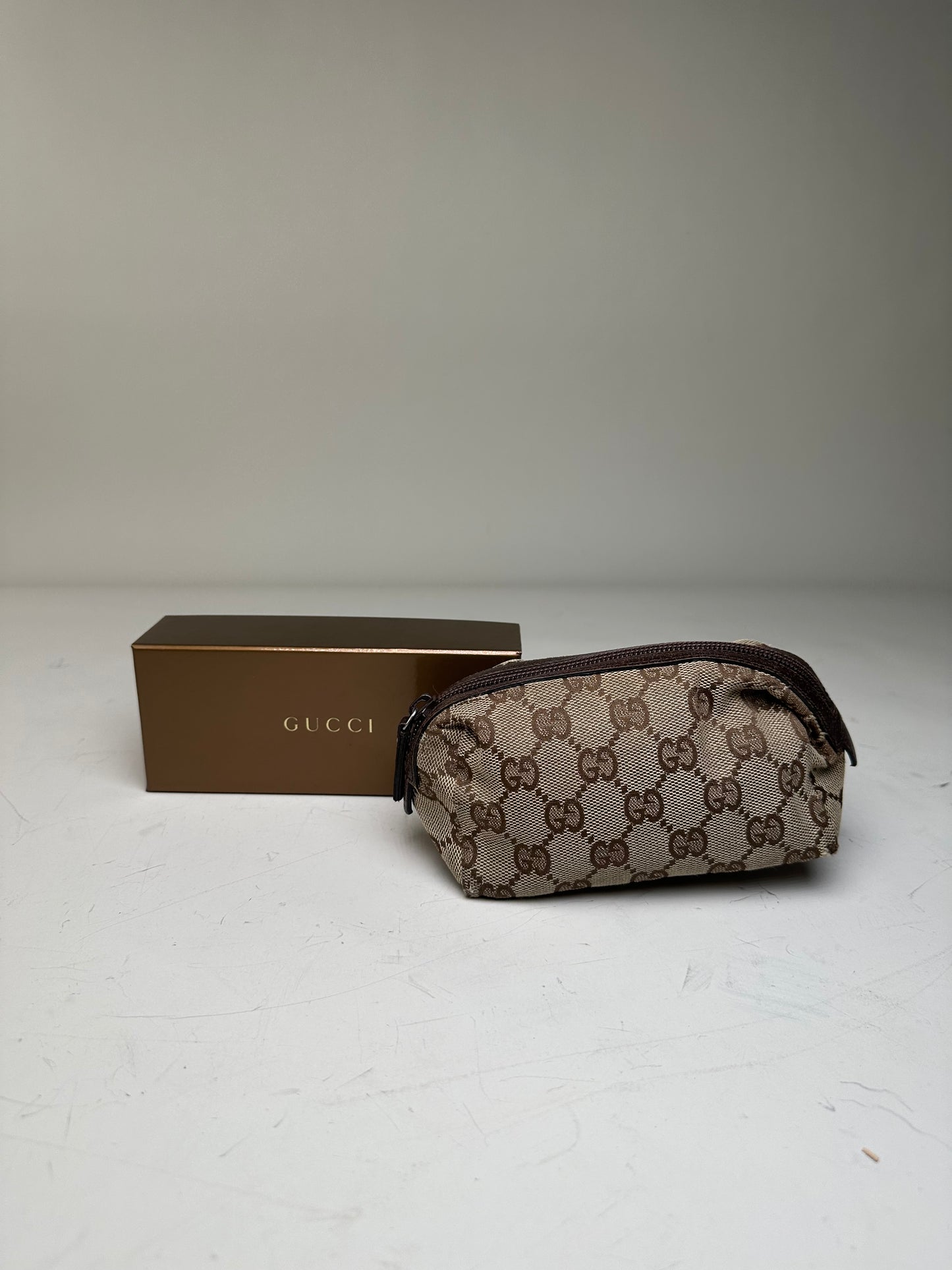 Vintage Gucci GG Monogram Coated Canvas Cosmetic Pouch Beige Brown