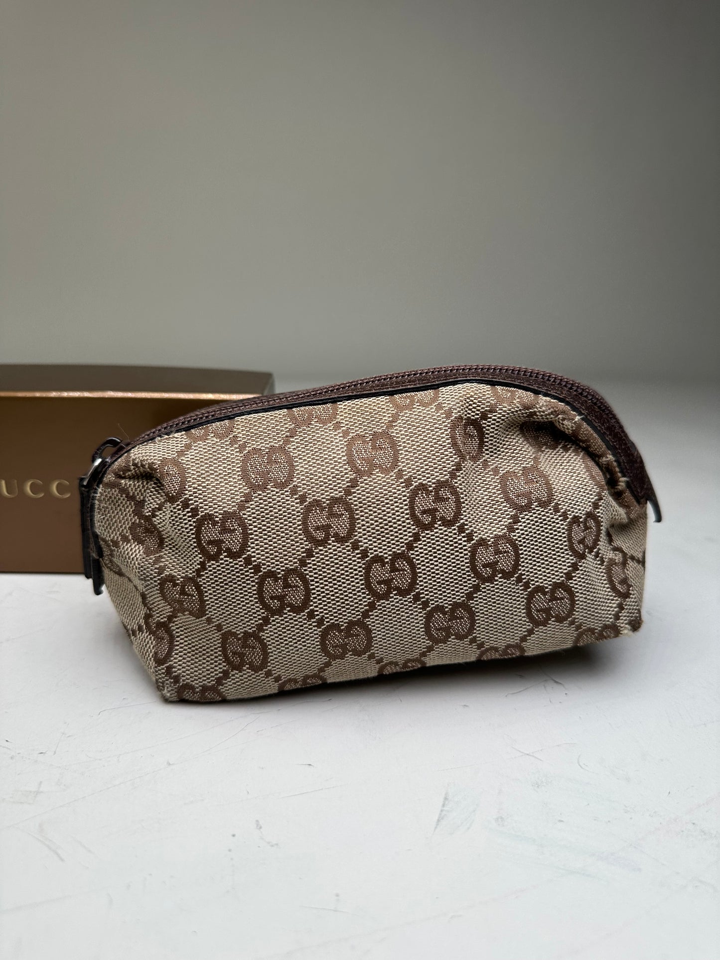 Vintage Gucci GG Monogram Coated Canvas Cosmetic Pouch Beige Brown