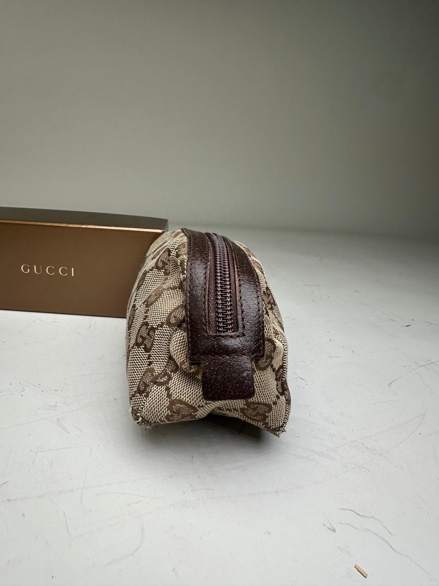 Vintage Gucci GG Monogram Coated Canvas Cosmetic Pouch Beige Brown