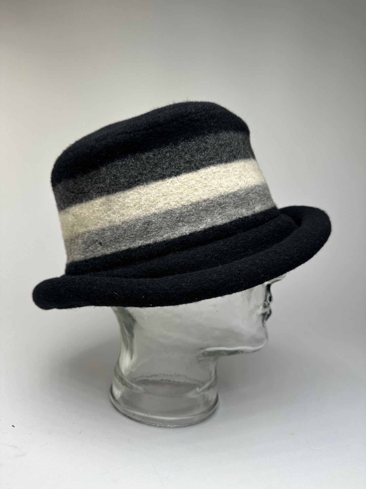 Vintage Givenchy Chapeaux Striped Wool Felt Bucket Hat Black Grey White M