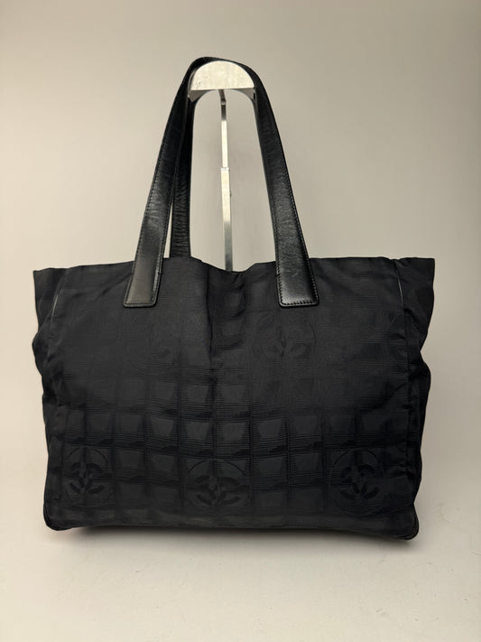 Sac cabas vintage en cuir et toile monogramme Chanel noir