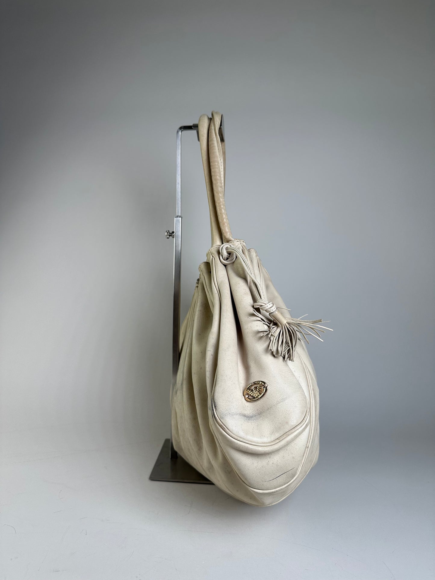 Vintage Armani Grained Leather Shoulder Bag Light Beige
