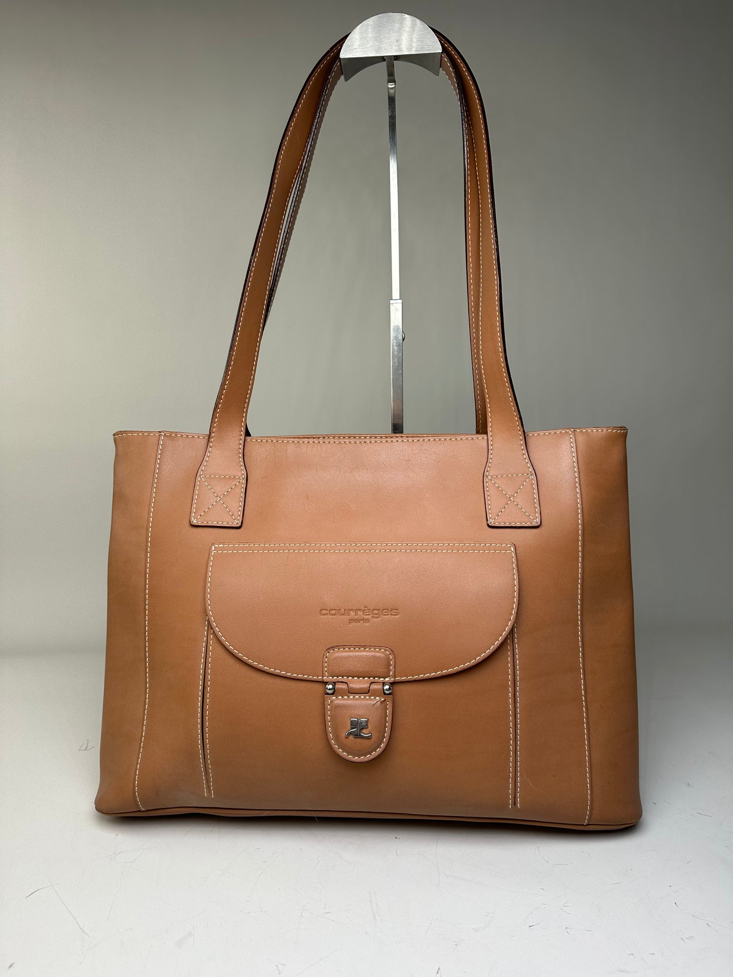 Vintage Courreges Smooth Leather Tote Bag Tan Silver
