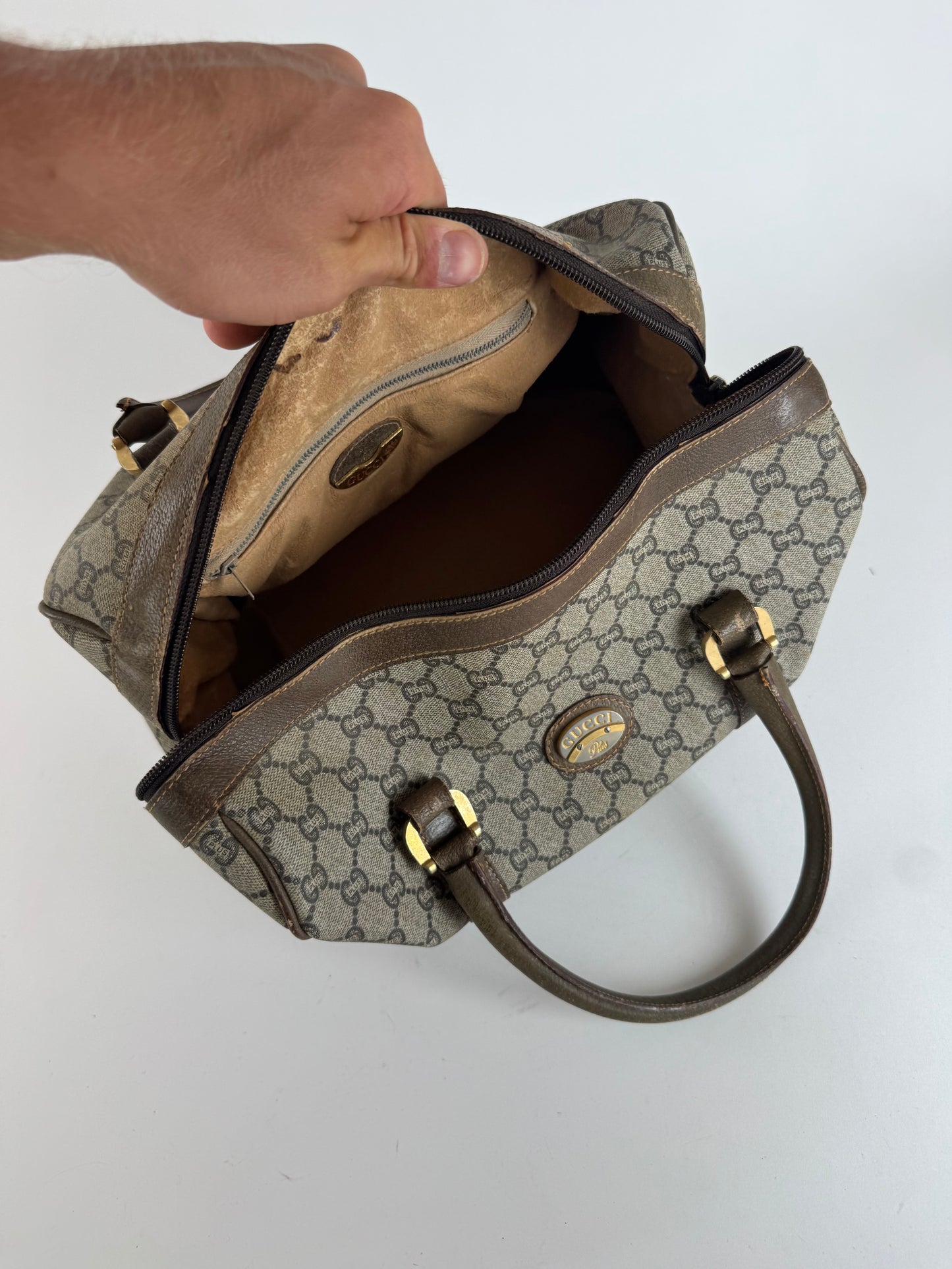 Mini sac Boston vintage en cuir monogramme Gucci Plus marron gris