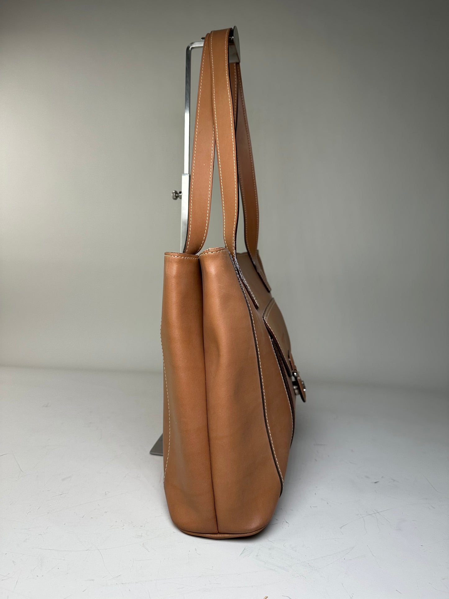 Vintage Courreges Smooth Leather Tote Bag Tan Silver