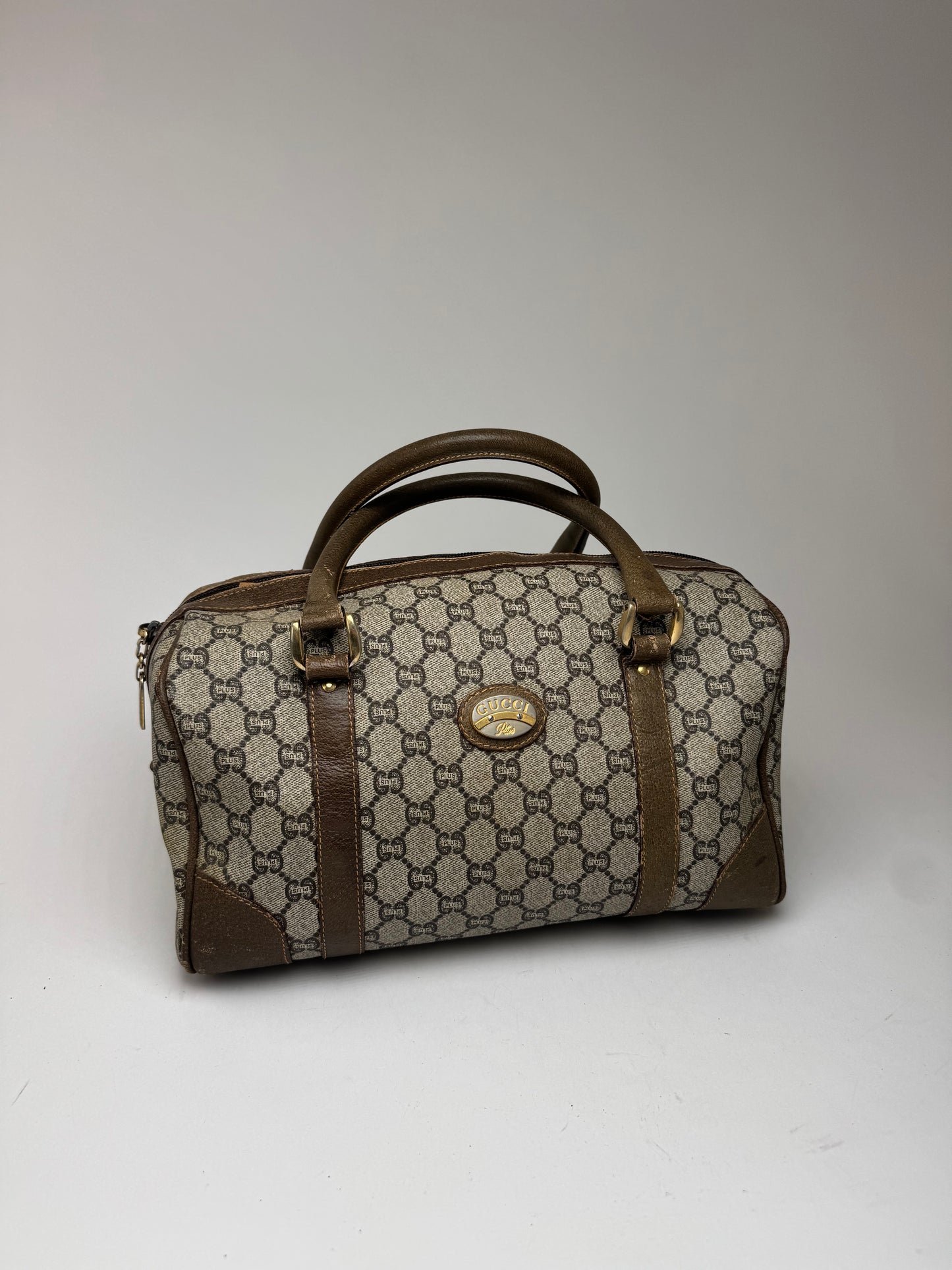 Mini sac Boston vintage en cuir monogramme Gucci Plus marron gris