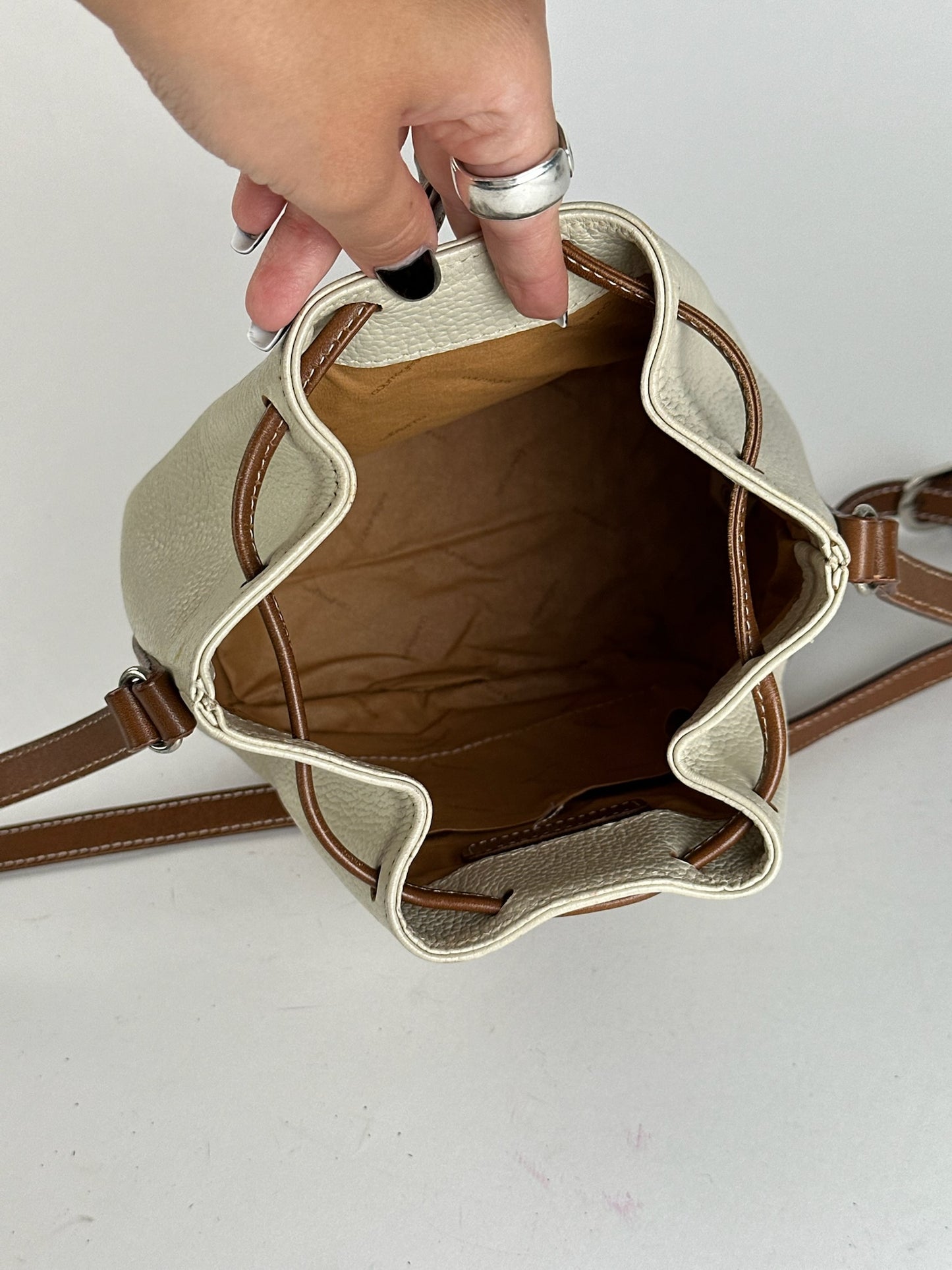 Sac seau vintage en cuir Courreges blanc marron