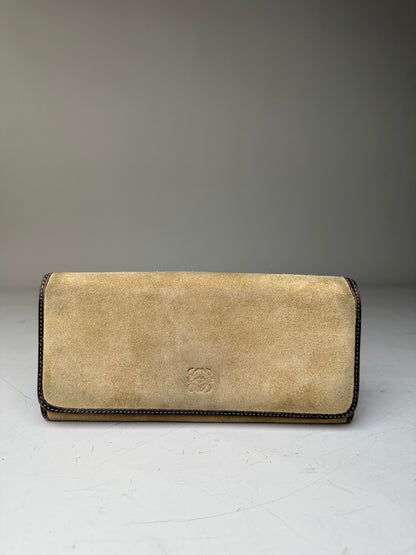 Vintage Loewe Suede Leather Trim Wallet Beige Gold