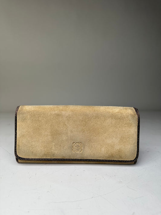 Vintage Loewe Suede Leather Trim Wallet Beige Gold