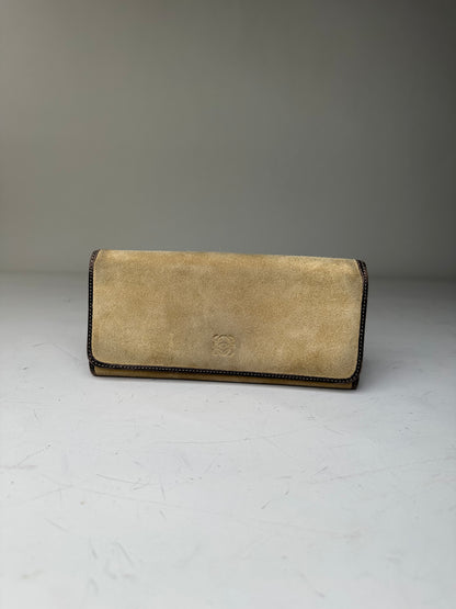 Vintage Loewe Suede Leather Trim Wallet Beige Gold