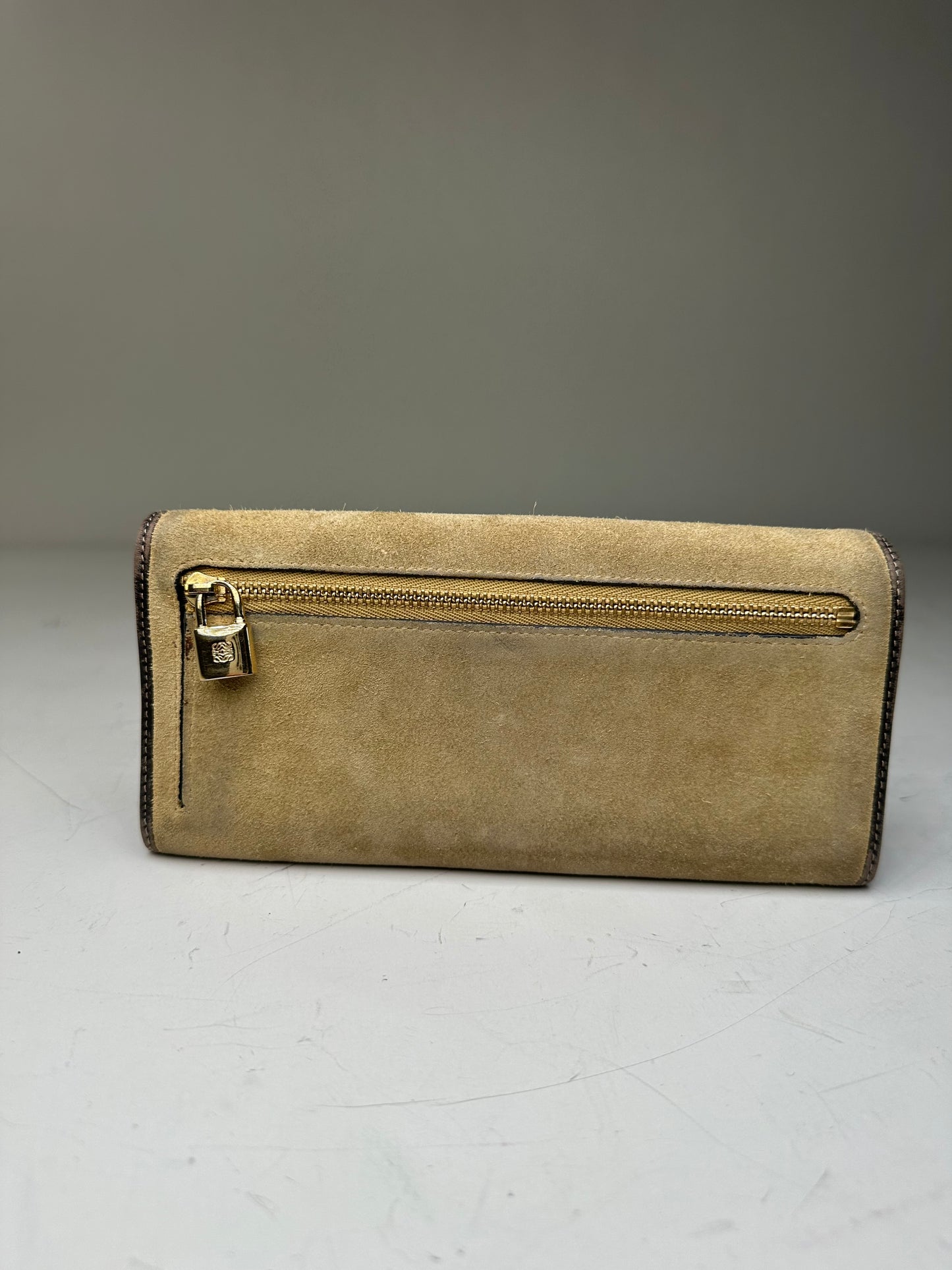 Vintage Loewe Suede Leather Trim Wallet Beige Gold