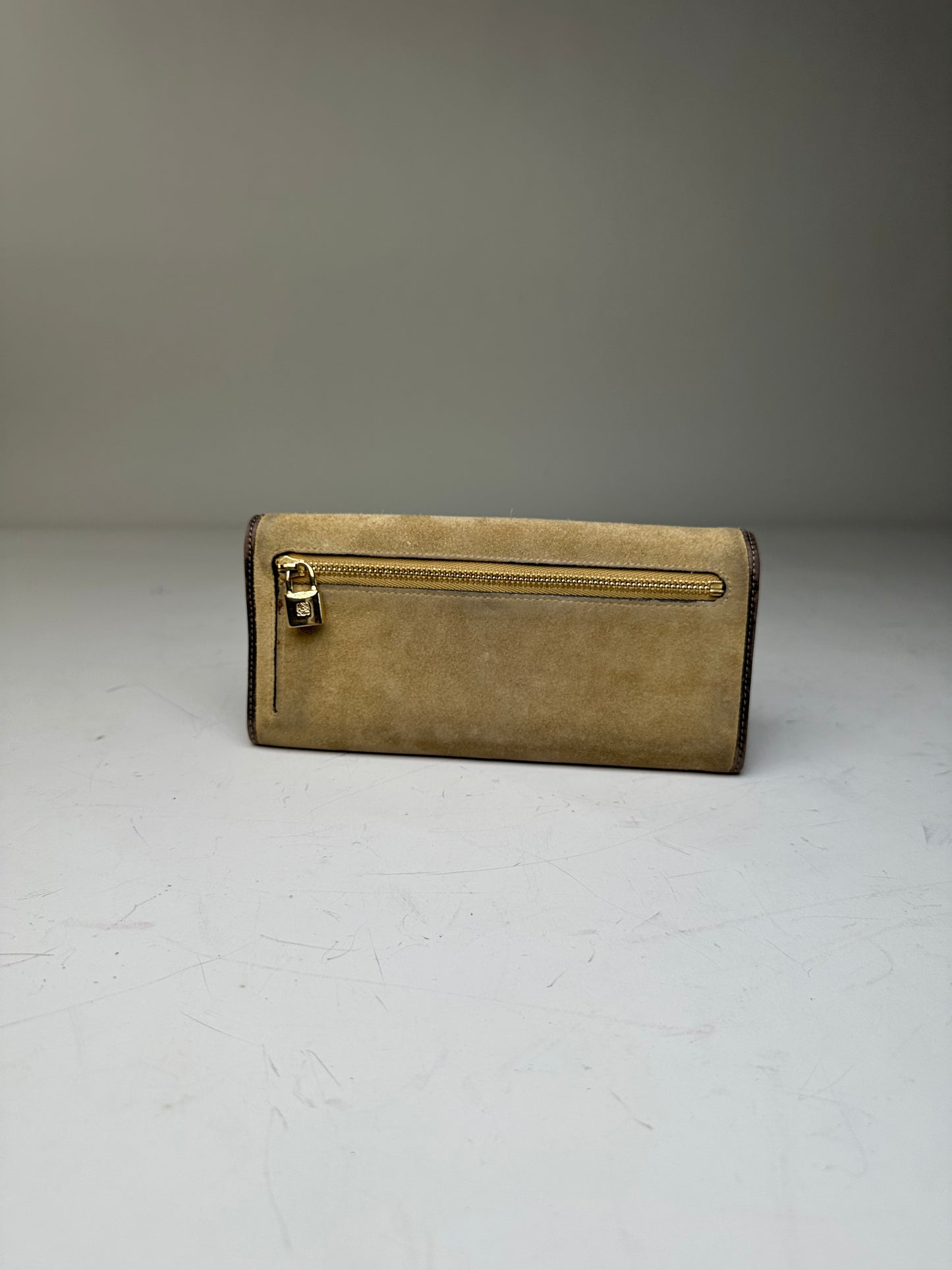 Vintage Loewe Suede Leather Trim Wallet Beige Gold