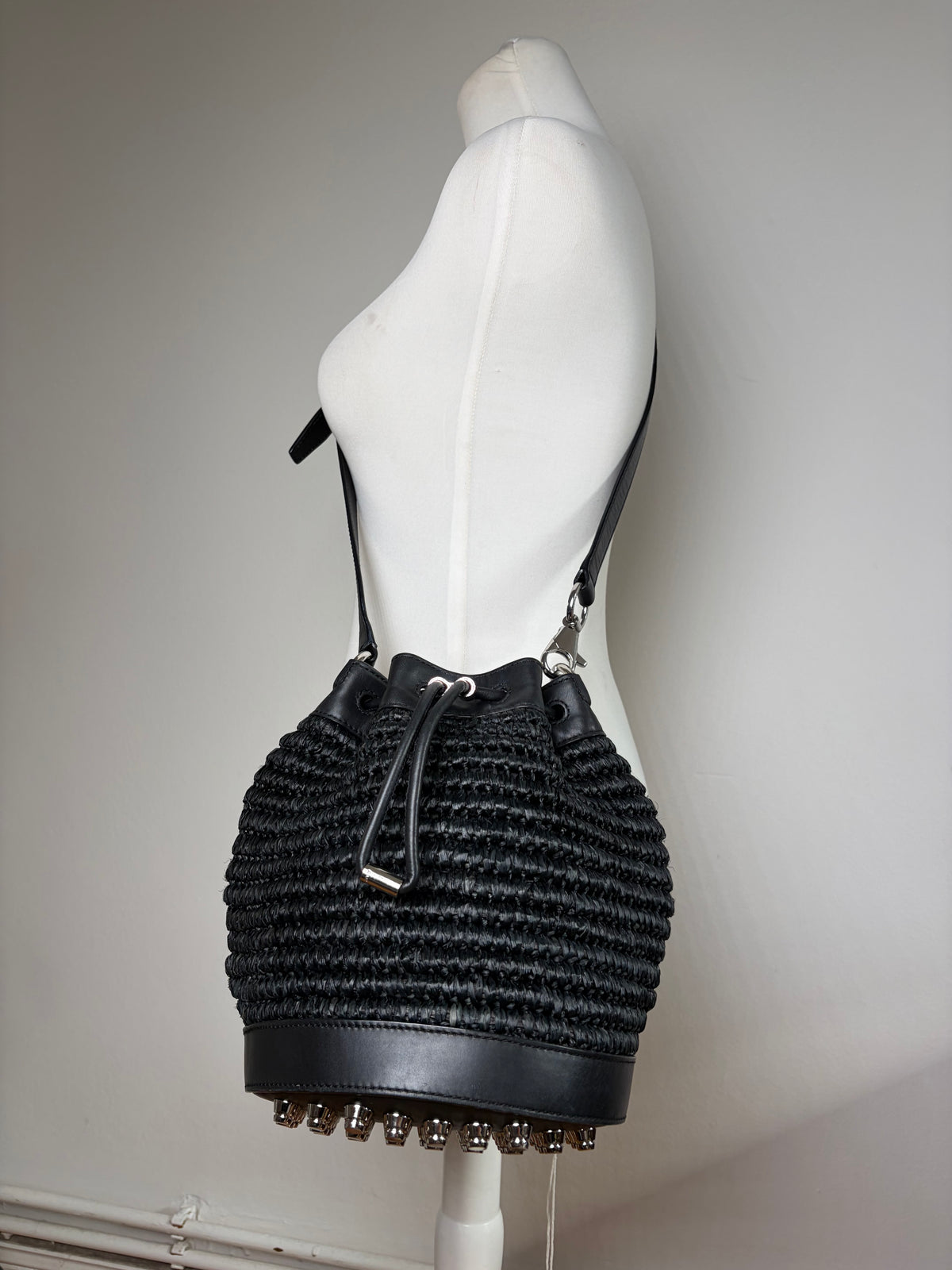 Vintage Alexander Wang Woven Straw Leather Bucket Bag c. 2016 Black