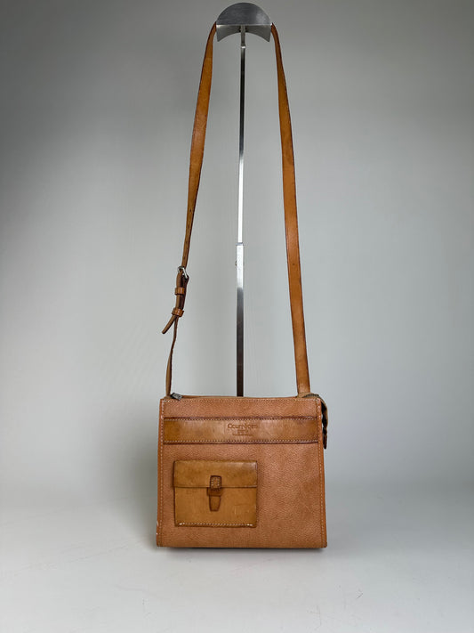 Vintage Courreges Leather Crossbody Bag Tan Light Brown Gold