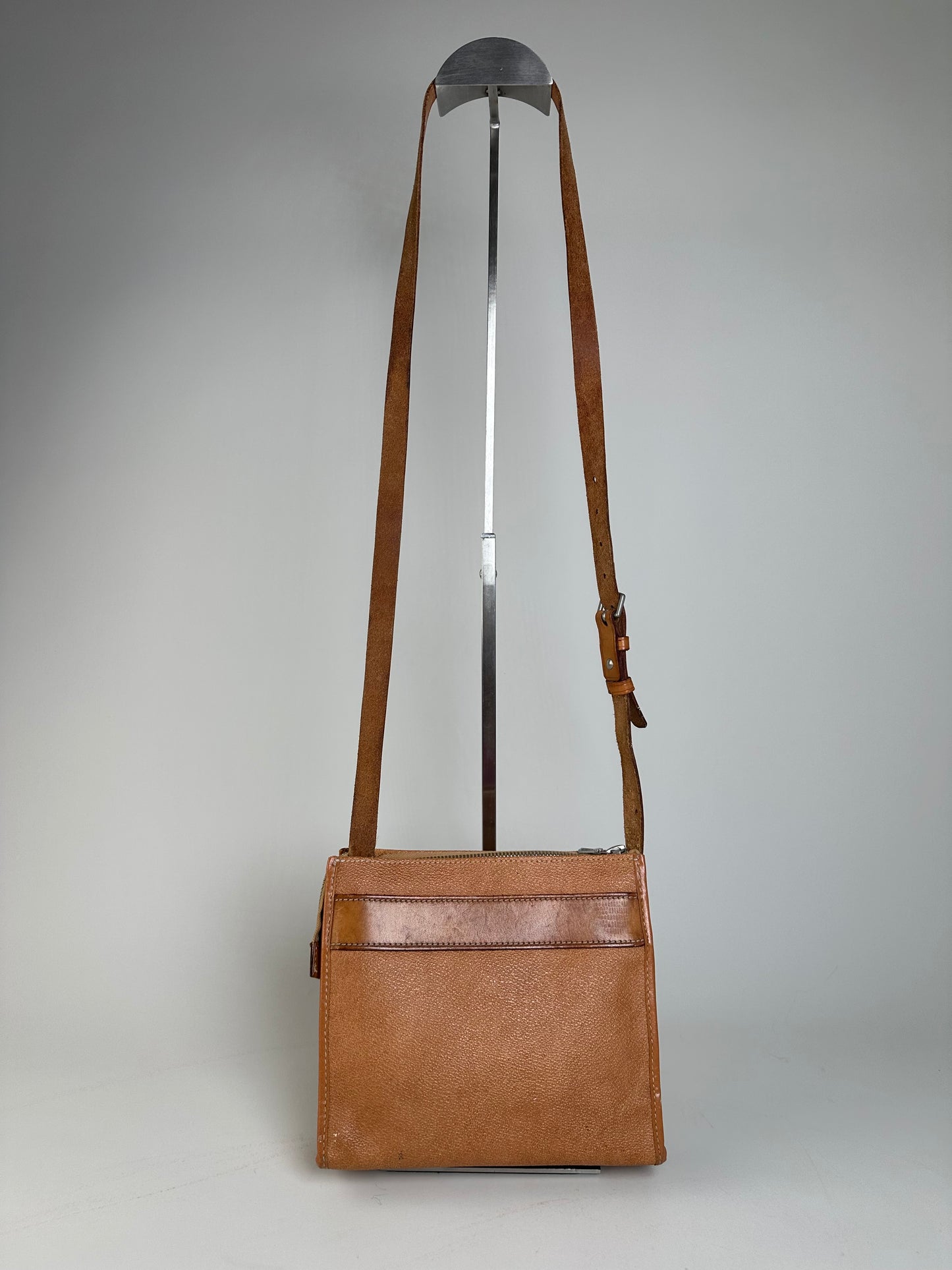Vintage Courreges Leather Crossbody Bag Tan Light Brown Gold