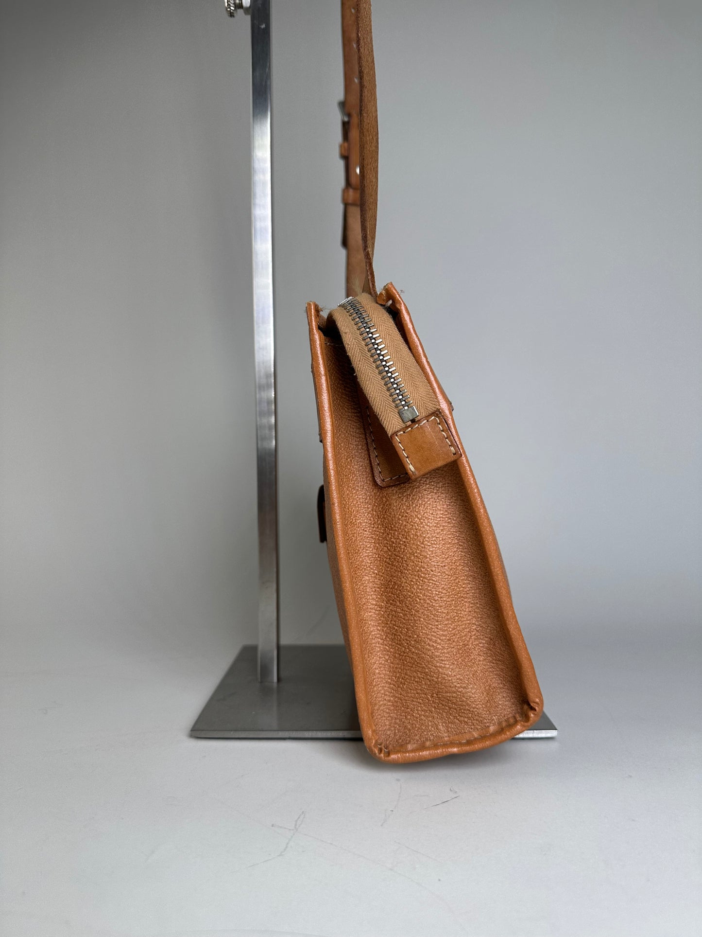 Vintage Courreges Leather Crossbody Bag Tan Light Brown Gold